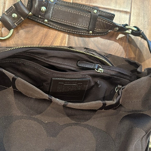 Coach Carly Brown Canvas Leather Trim Turnlock Zipper Closure Hobo Shoulder Bag - Picture 7 of 15